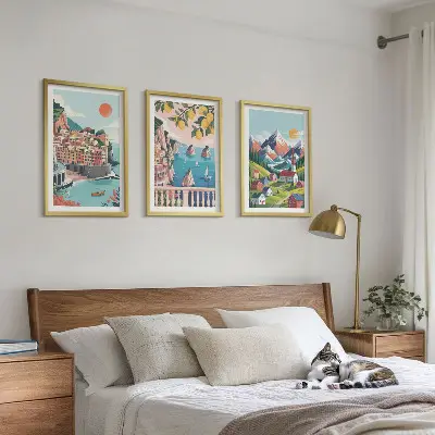 Lot de 3 tableaux pour salon motif montagnes et villes colorées