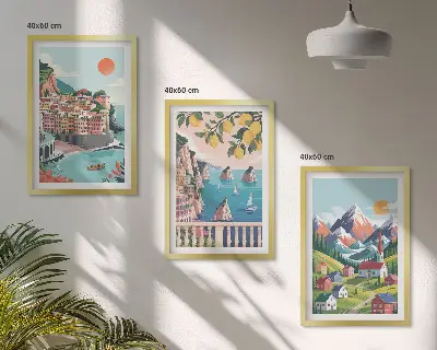 Lot de 3 tableaux pour salon motif montagnes et villes colorées