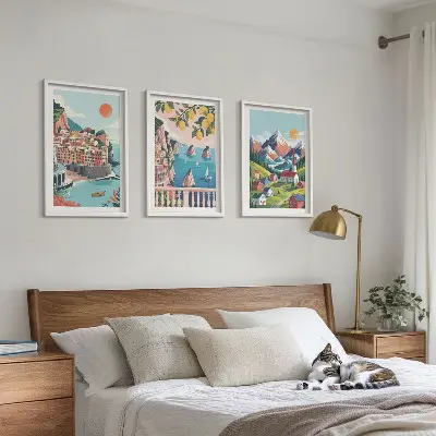 Lot de 3 tableaux pour salon motif montagnes et villes colorées
