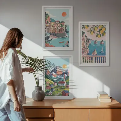 Lot de 3 tableaux pour salon motif montagnes et villes colorées