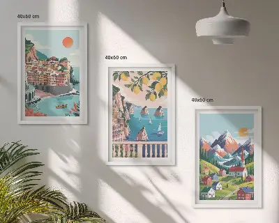 Lot de 3 tableaux pour salon motif montagnes et villes colorées