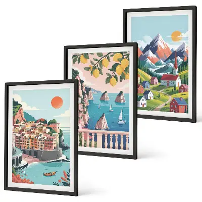 Lot de 3 tableaux pour salon motif montagnes et villes colorées