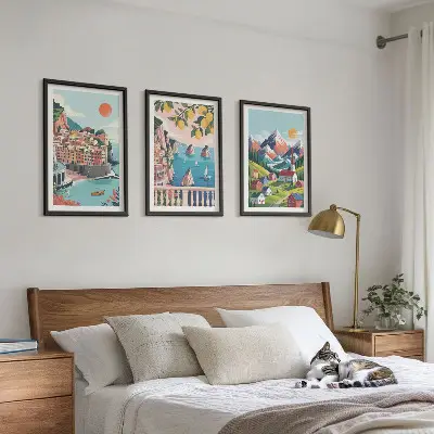 Lot de 3 tableaux pour salon motif montagnes et villes colorées