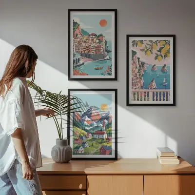 Lot de 3 tableaux pour salon motif montagnes et villes colorées