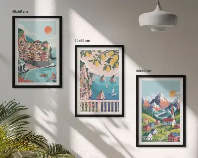 Lot de 3 tableaux pour salon motif montagnes et villes colorées