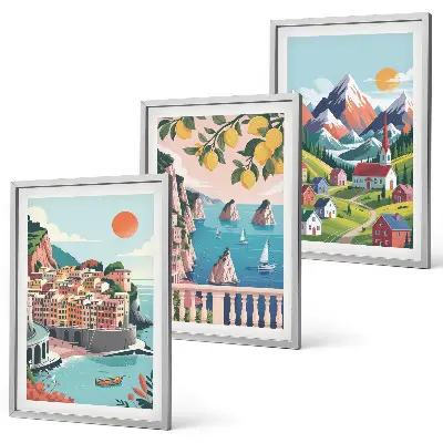 Lot de 3 tableaux pour salon motif montagnes et villes colorées