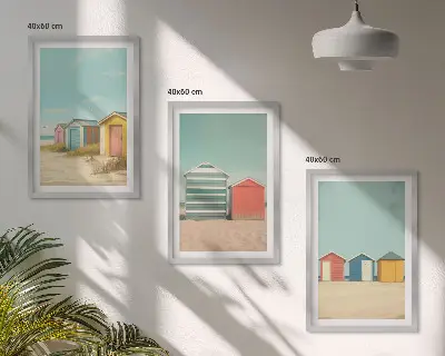 Lot de 3 tableaux pour salon représentant des maisons colorées à la plage sous un soleil radieux