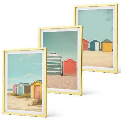 Lot de 3 tableaux pour salon représentant des maisons colorées à la plage sous un soleil radieux
