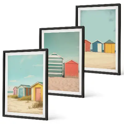 Lot de 3 tableaux pour salon représentant des maisons colorées à la plage sous un soleil radieux