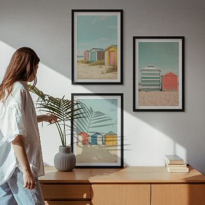 Lot de 3 tableaux pour salon Maisons colorées, plage, soleil