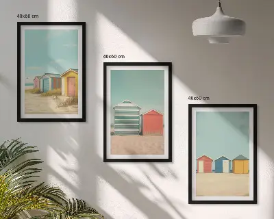 Lot de 3 tableaux pour salon représentant des maisons colorées à la plage sous un soleil radieux