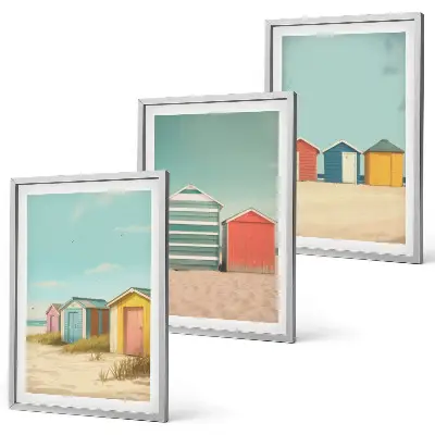 Lot de 3 tableaux pour salon représentant des maisons colorées à la plage sous un soleil radieux