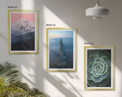 Cadre photo mural représentant des montagnes sous un ciel rose avec de l'eau et des plantes succulentes