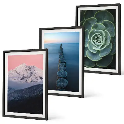 Cadre photo mural représentant des montagnes sous un ciel rose avec de l'eau et des plantes succulentes