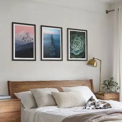 Cadre photo mural représentant des montagnes sous un ciel rose avec de l'eau et des plantes succulentes