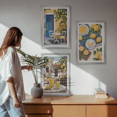 Lot de 3 tableaux pour salon Limonade au soleil sur la terrasse