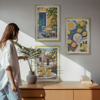 Lot de 3 tableaux pour salon Limonade au soleil sur la terrasse