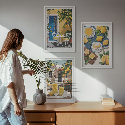 Lot de 3 tableaux pour salon Limonade au soleil sur la terrasse
