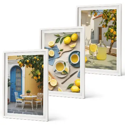 Cadre photo mural motif citrons et limonade devant une porte bleue