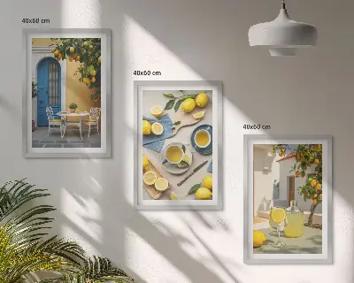 Cadre photo mural motif citrons et limonade devant une porte bleue