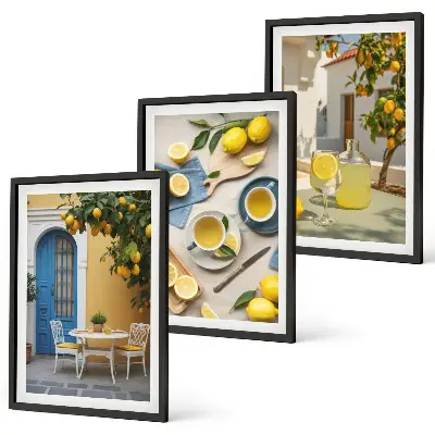Cadre photo mural motif citrons et limonade devant une porte bleue
