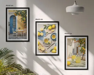 Cadre photo mural motif citrons et limonade devant une porte bleue