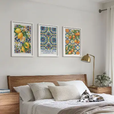Lot de 3 tableaux pour salon avec motifs de fleurs d'oranger citronné