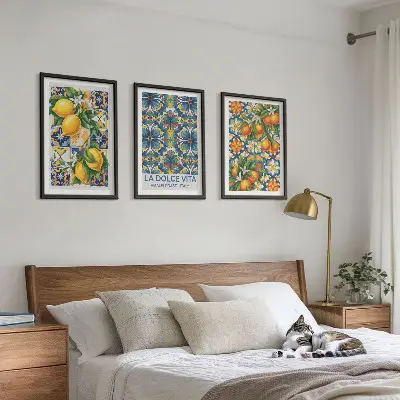 Lot de 3 tableaux pour salon avec motifs de fleurs d'oranger citronné