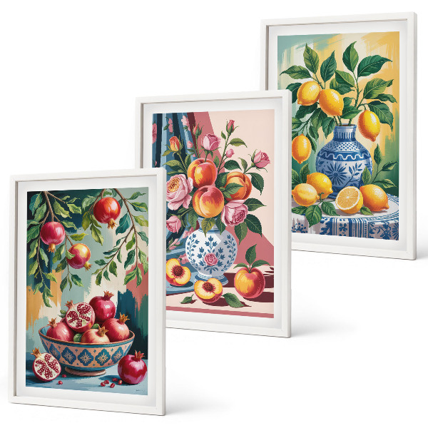 Lot de 3 tableaux pour salon Fleurs et fruits dans des vases