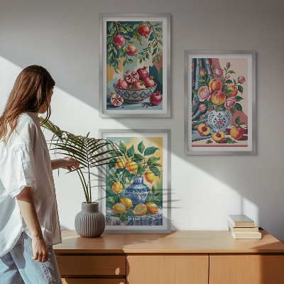 Lot de 3 tableaux pour salon Fleurs et fruits dans des vases
