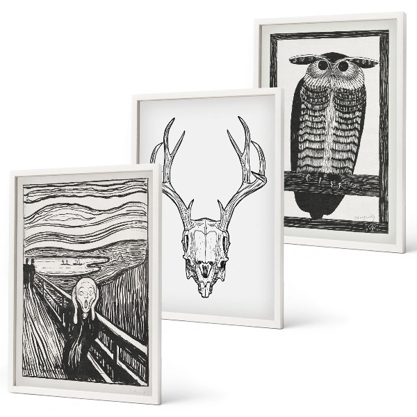 Lot de 3 tableaux pour salon Graphismes de hibou à crâne hurlant
