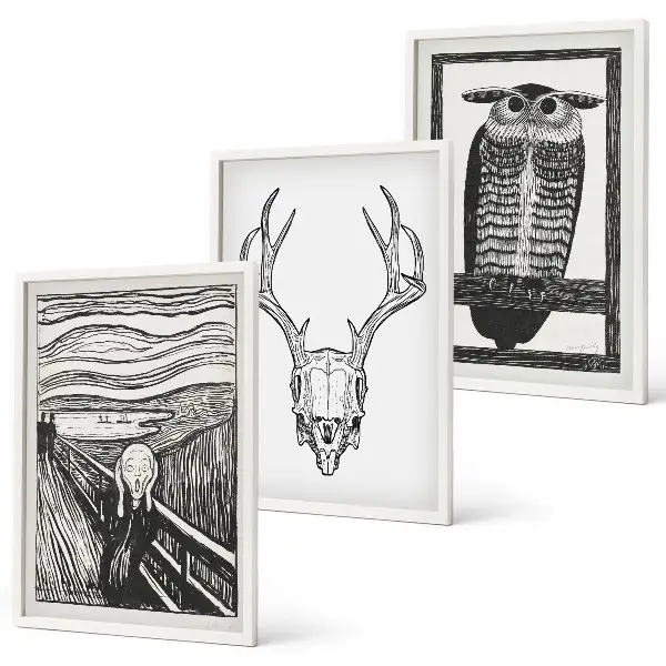 Lot de 3 tableaux pour salon motif de hibou au crâne hurlant
