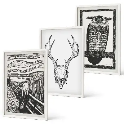 Lot de 3 tableaux pour salon motif de hibou au crâne hurlant
