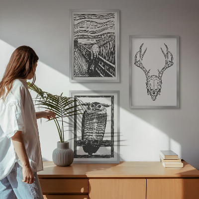 Lot de 3 tableaux pour salon Graphismes de hibou à crâne hurlant