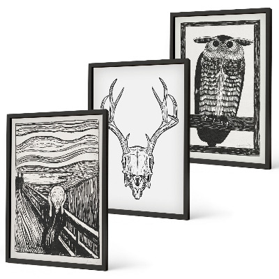Lot de 3 tableaux pour salon Graphismes de hibou à crâne hurlant