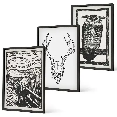 Lot de 3 tableaux pour salon motif de hibou au crâne hurlant