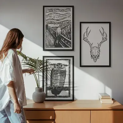 Lot de 3 tableaux pour salon motif de hibou au crâne hurlant