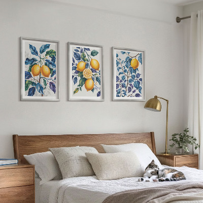 Lot de 3 tableaux pour salon Branches de citronnier feuilles bleues