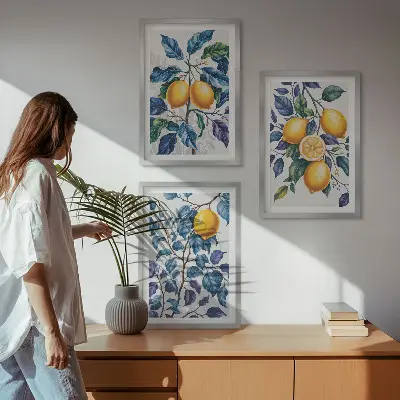 Lot de 3 tableaux pour salon branches de citronnier au feuillage bleu