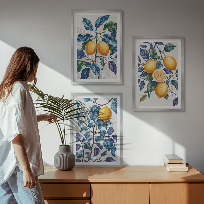 Lot de 3 tableaux pour salon Branches de citronnier feuilles bleues