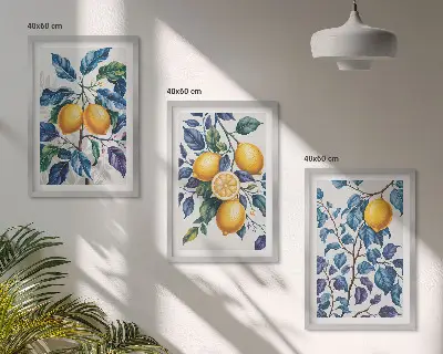 Lot de 3 tableaux pour salon branches de citronnier au feuillage bleu