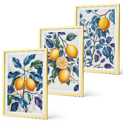 Lot de 3 tableaux pour salon Branches de citronnier feuilles bleues