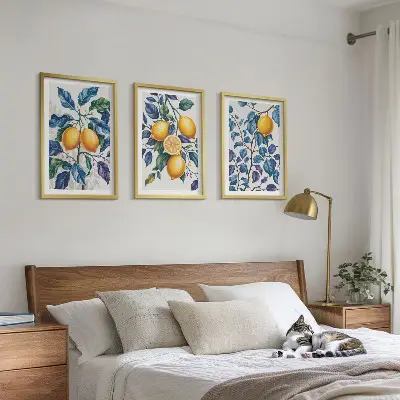 Lot de 3 tableaux pour salon branches de citronnier au feuillage bleu