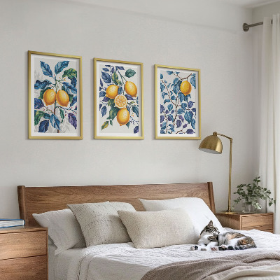 Lot de 3 tableaux pour salon Branches de citronnier feuilles bleues