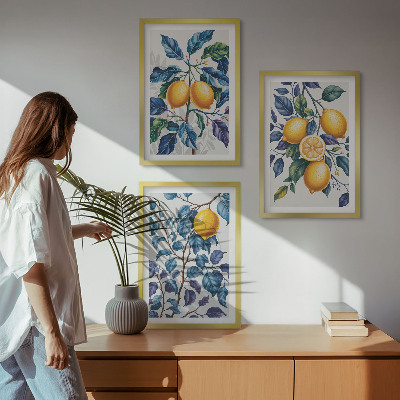 Lot de 3 tableaux pour salon Branches de citronnier feuilles bleues
