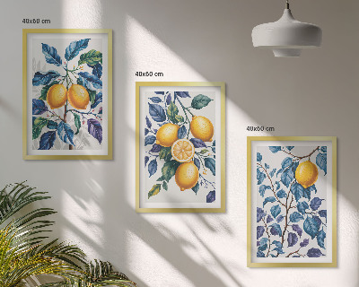 Lot de 3 tableaux pour salon Branches de citronnier feuilles bleues