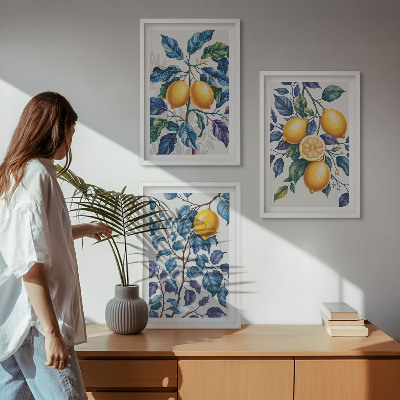 Lot de 3 tableaux pour salon Branches de citronnier feuilles bleues