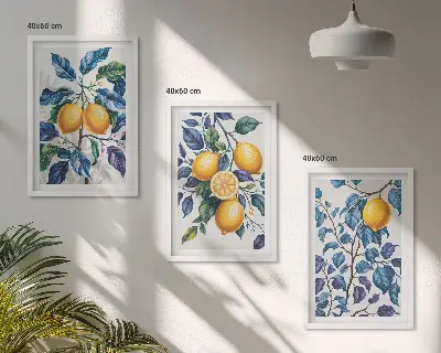Lot de 3 tableaux pour salon branches de citronnier au feuillage bleu