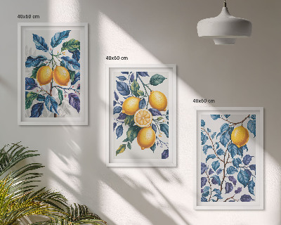 Lot de 3 tableaux pour salon Branches de citronnier feuilles bleues