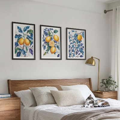 Lot de 3 tableaux pour salon Branches de citronnier feuilles bleues